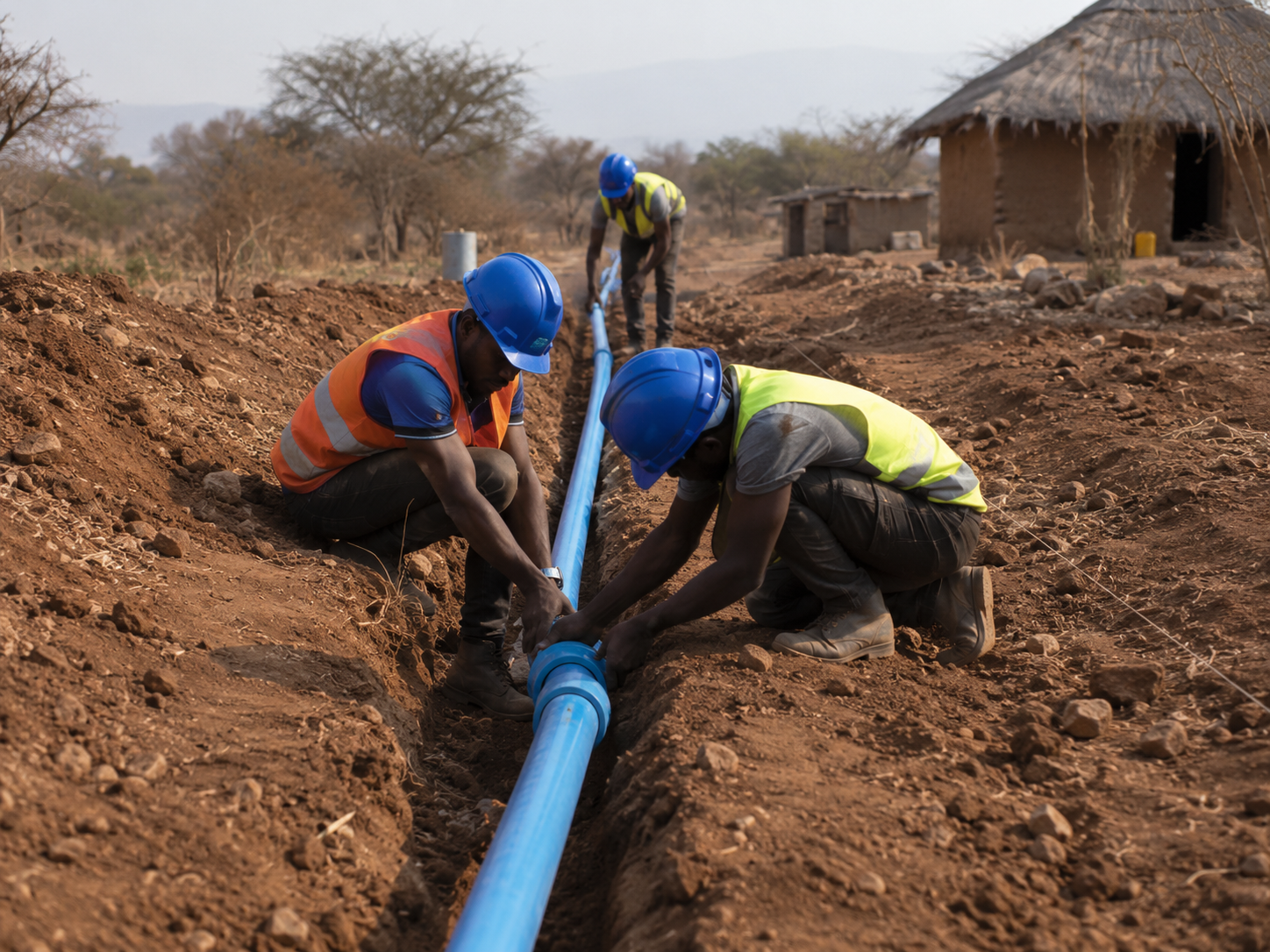 Workers laying a water pipe in a trench
